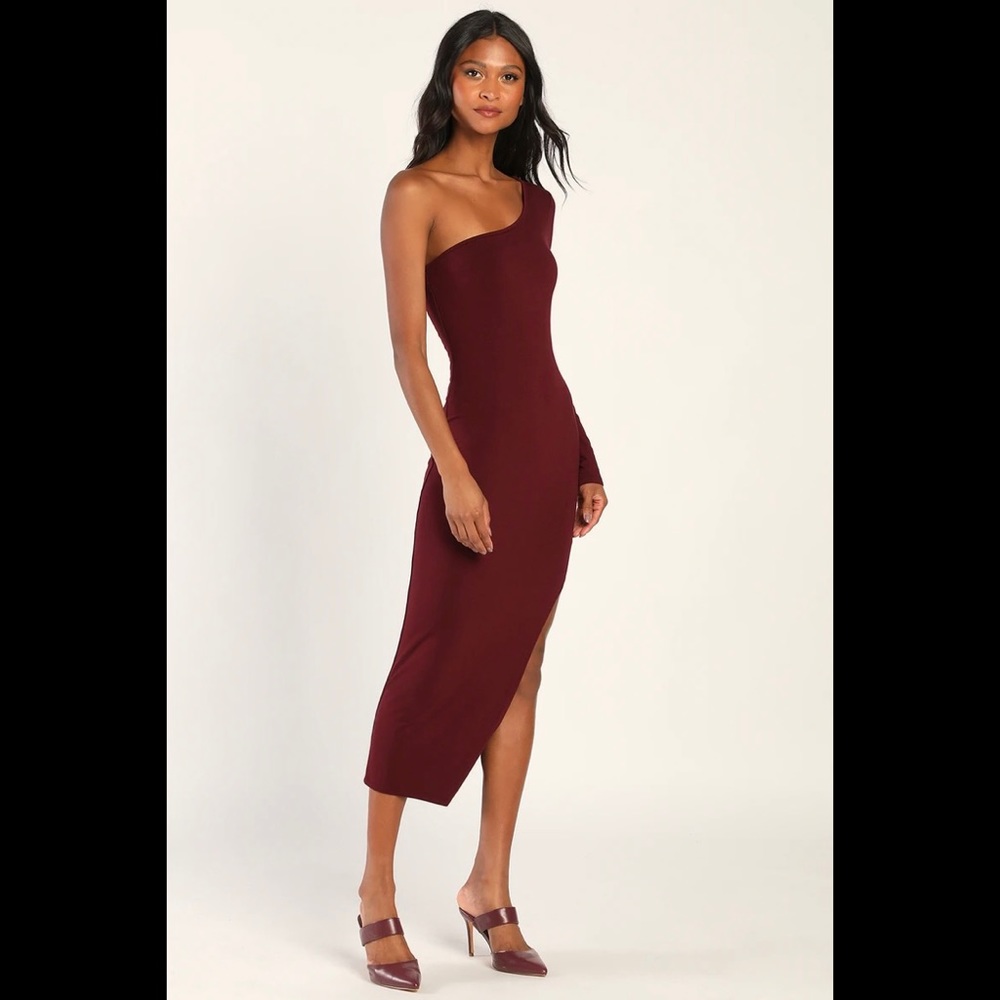 NWT LULUS Number One Babe Plum One-Shoulder Bodycon Midi Dress - Picture 7 of 10